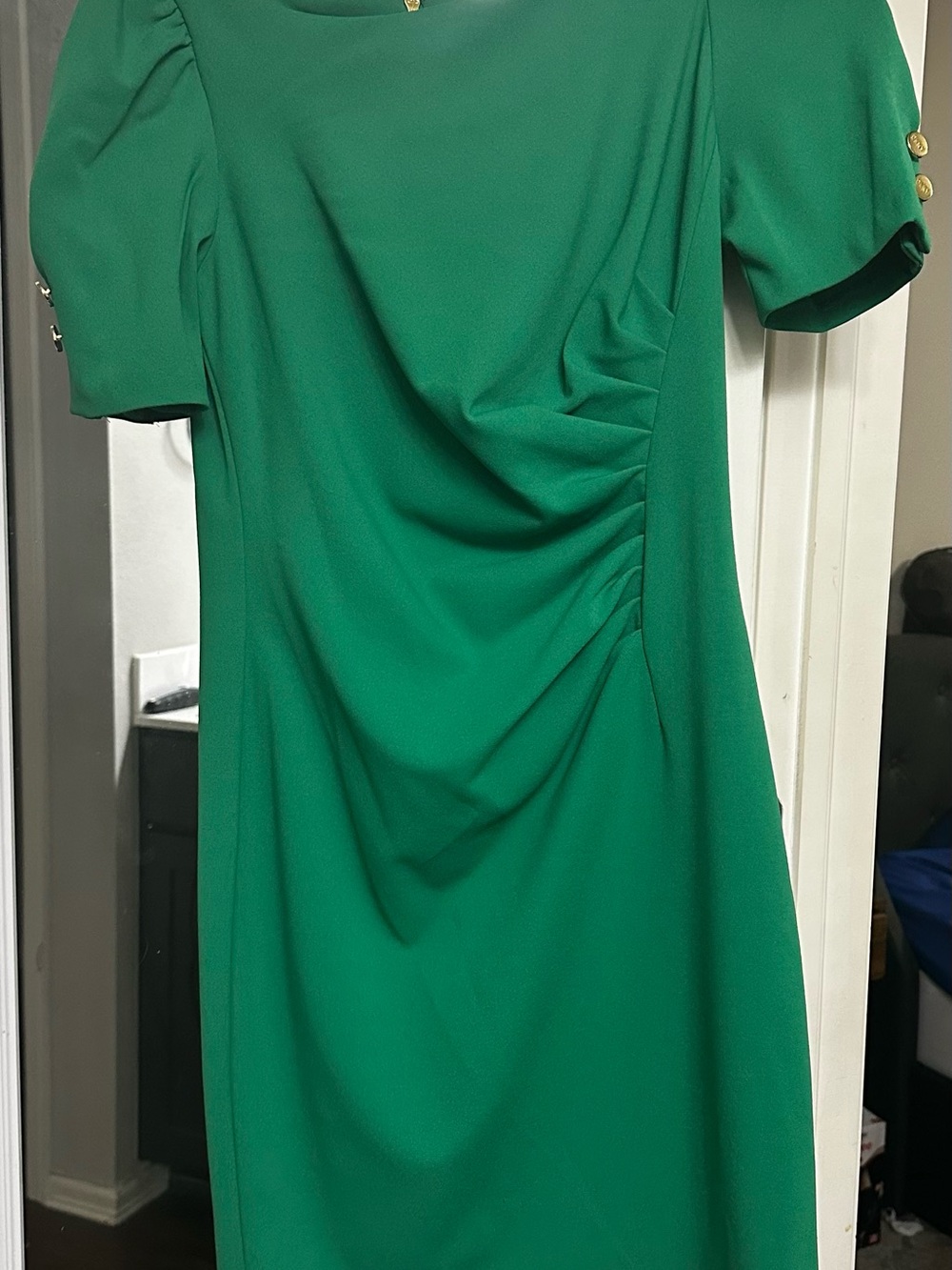 DKNY Emerald Green Ruched Sheath Dress with Gold Button Accents
